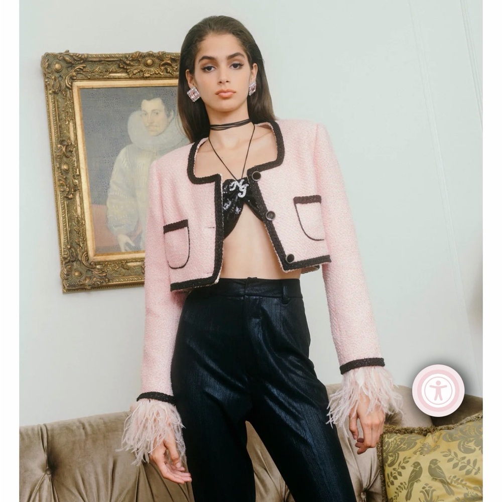 Chic Pink Cropped Jacket with Black Trim